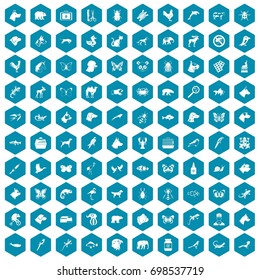 100 animals icons set in sapphirine hexagon isolated vector illustration