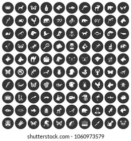 100 animals icons set in simple style white on black circle color isolated on white background vector illustration