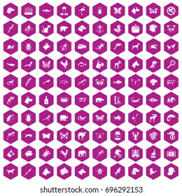 100 animals icons set in violet hexagon isolated vector illustration