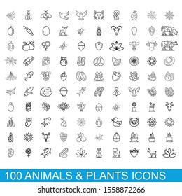 100 animals and plants icons set. Outline illustration of 100 animals and plants icons vector set isolated on white background