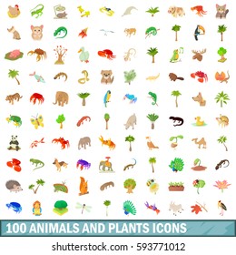 100 animals and plants icons set. Cartoon illustration of 100 animals and plants vector icons set isolated on white background