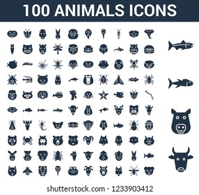 100 animals universal icons set with Cow, Pig, Tuna, Salmon, Elephant, Mosquito, Fox, Tiger, Goat, Frog