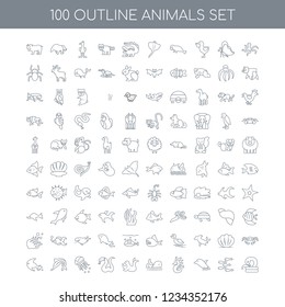 100 Animals universal icons set with Octopus linear, Fishes Dolphin Seahorse Whale Seal Eel Medusa Swordfish Fish linear
