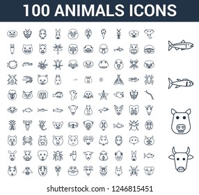 100 animals universal linear icons set with Cow, Pig, Tuna, Salmon, Elephant, Mosquito, Fox, Tiger, Goat, Frog