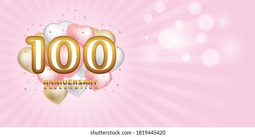 100 anniversary celebration with balloon heart pastel color vector illustration