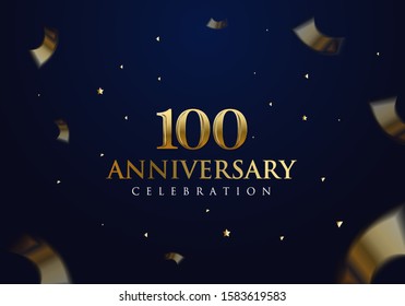 100 Anniversary celebration design on luxury royal blue background with stars, glitters and streamer ribbons. Vector festive illustration. Birthday or wedding party event decoration.