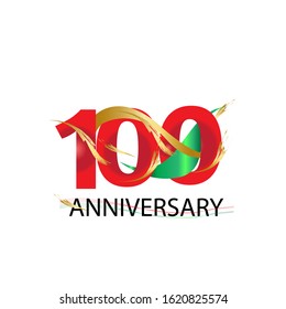 100 anniversary design logotype red color and golden ribbon for celebration isolated on white background