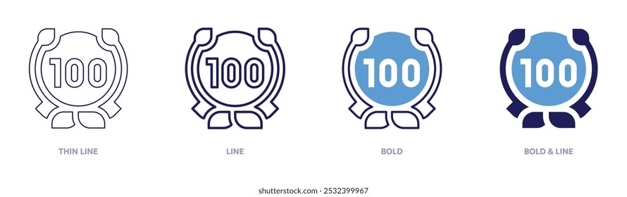 Icono de 100 aniversario en 4 estilos diferentes. Línea delgada, línea, negrita y línea negrita. Estilo duotono. Trazo editable.