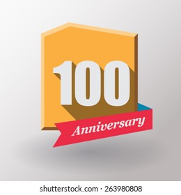 100 Anniversary   label with ribbon. Flat design.