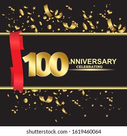 100 anniversary logo with confetti golden colored and red ribbon isolated on black background, vector design for greeting card and invitation card