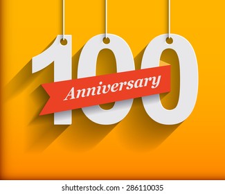 100 Anniversary numbers with ribbon. Flat origami style with long shadow. Vector illustration