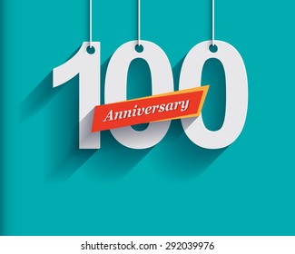 100 Anniversary numbers with ribbon. Flat origami style with long shadow. Vector illustration