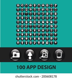 100 App, Anwendung, Handy, Business, Software, glänzende schwarze Kreise, runde Buttons, Symbole, Vektorgrafik