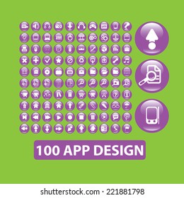 100 app, application, mobile, smartphone icons, signs, illustrations, silhouettes set, vector