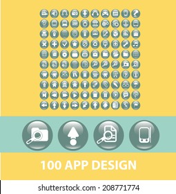 100 app design black flat glossy buttons, icons, signs, symbols set, vector