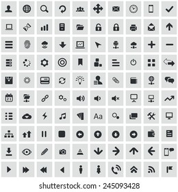 100 app icons, black on square gray background 