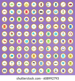 100 app icons set in cartoon style on purple background vector illustration