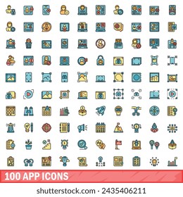 100 app icons set. Color line set of app vector icons thin line color flat on white