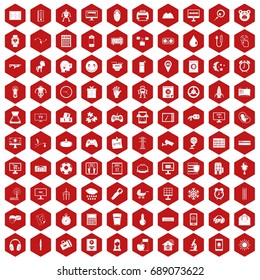 100 app icons set in red hexagon isolated vector illustration