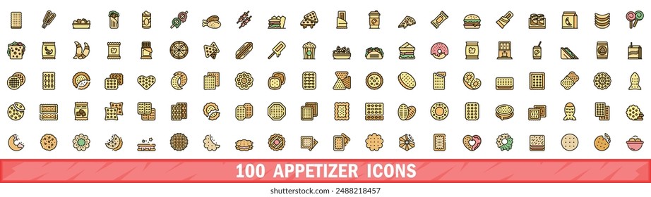 100 appetizer icons set. Color line set of appetizer vector icons thin line color flat on white