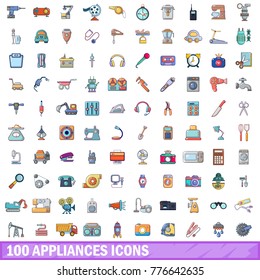 100 appliances icons set. Cartoon illustration of 100 appliances vector icons isolated on white background