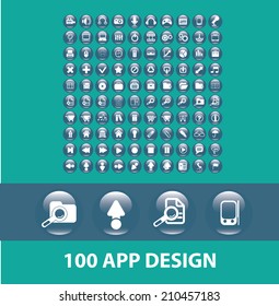 100 application, mobile buttons, design icons, signs, symbols, objects, illustrations set. vector