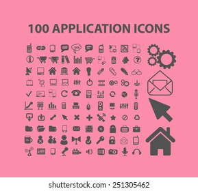 100 application, mobile, smartphone, interface isolated design flat icons, signs, illustrations vector set on background