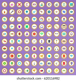 100 applications icons set in cartoon style on purple background vector illustration