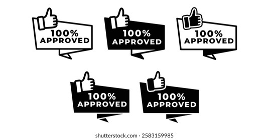 100% approved label sticker tag with thumb icon vector design black white color simple illustration template sets 