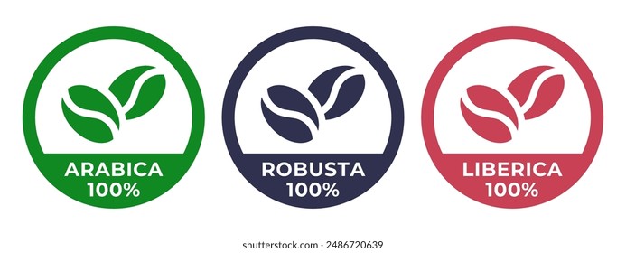 Icono de 100 arábicas. 100 etiqueta robusta. 100 símbolo de liberica. Ilustración vectorial de mezcla de café Premium. Emblema, placa, signo, sello o sello de granos de café para el embalaje de productos aislados.