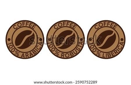 100 arabica icon. 100 robusta label. 100 liberica symbol. Premium coffee blend vector illustration. Coffee beans emblem, badge, sign, stamp or seal for product packaging isolated.