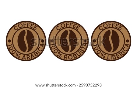 100 arabica icon. 100 robusta label. 100 liberica symbol. Premium coffee blend vector illustration. Coffee beans emblem, badge, sign, stamp or seal for product packaging isolated.