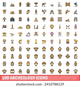 100 archeology icons set. Color line set of archeology vector icons thin line color flat on white