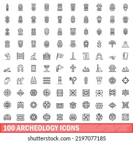 100 archeology icons set. Outline illustration of 100 archeology icons vector set isolated on white background