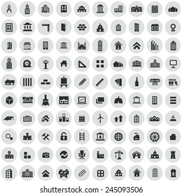 100 architecture icons, black on circle gray background 