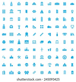 100 Architecture Icons, Blue On White Background 