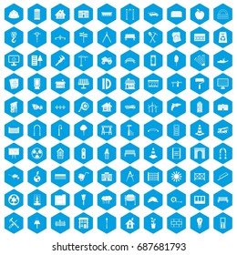 100 architecture icons set in blue hexagon isolated vector illustration