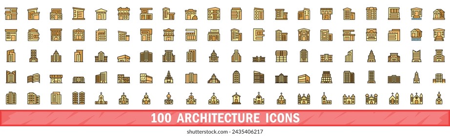 100 architecture icons set. Color line set of architecture vector icons thin line color flat on white