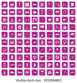 100 architecture icons set in grunge style pink color isolated on white background vector illustration