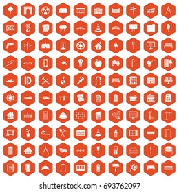 100 architecture icons set in orange hexagon isolated vector illustration