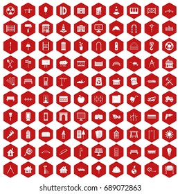 100 architecture icons set in red hexagon isolated vector illustration