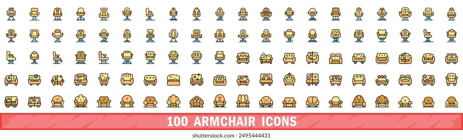100 armchair icons set. Color line set of armchair vector icons thin line color flat on white