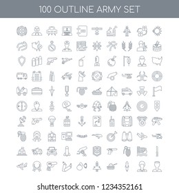 100 army universal icons set with Explosion linear, Soldier Missile Tank Jet Bomb Dynamite Gun Medal Plane linear