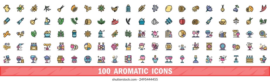 100 aromatic icons set. Color line set of aromatic vector icons thin line color flat on white