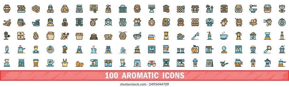 100 aromatic icons set. Color line set of aromatic vector icons thin line color flat on white