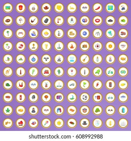 100 around the world icons set in cartoon style on purple background vector illustration