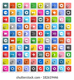 100 arrow flat icon with long shadow. Set 05 White sign on colored square shapes web button on white background. Simple, minimal, solid, plain style. Vector illustration internet design element 8 eps