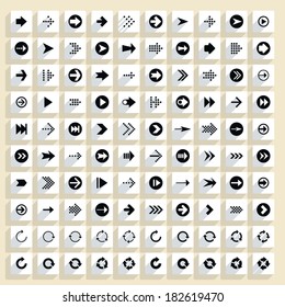 100 arrow flat icon with long shadow. Set 02 Black sign on white square shapes web button on beige background. Simple, minimal, solid, plain style. Vector illustration internet design element 8 eps