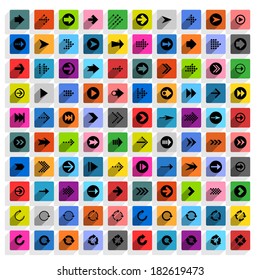 100 arrow flat icon with long shadow. Set 01 Black sign on colored square shapes web button on white background. Simple, minimal, solid, plain style. Vector illustration internet design element 8 eps