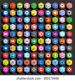 100 arrow flat icon with long shadow. Set 10 White sign on colored hexagon shapes web button on black background. Simple, minimal, plain style. Vector illustration internet design element 10 eps
